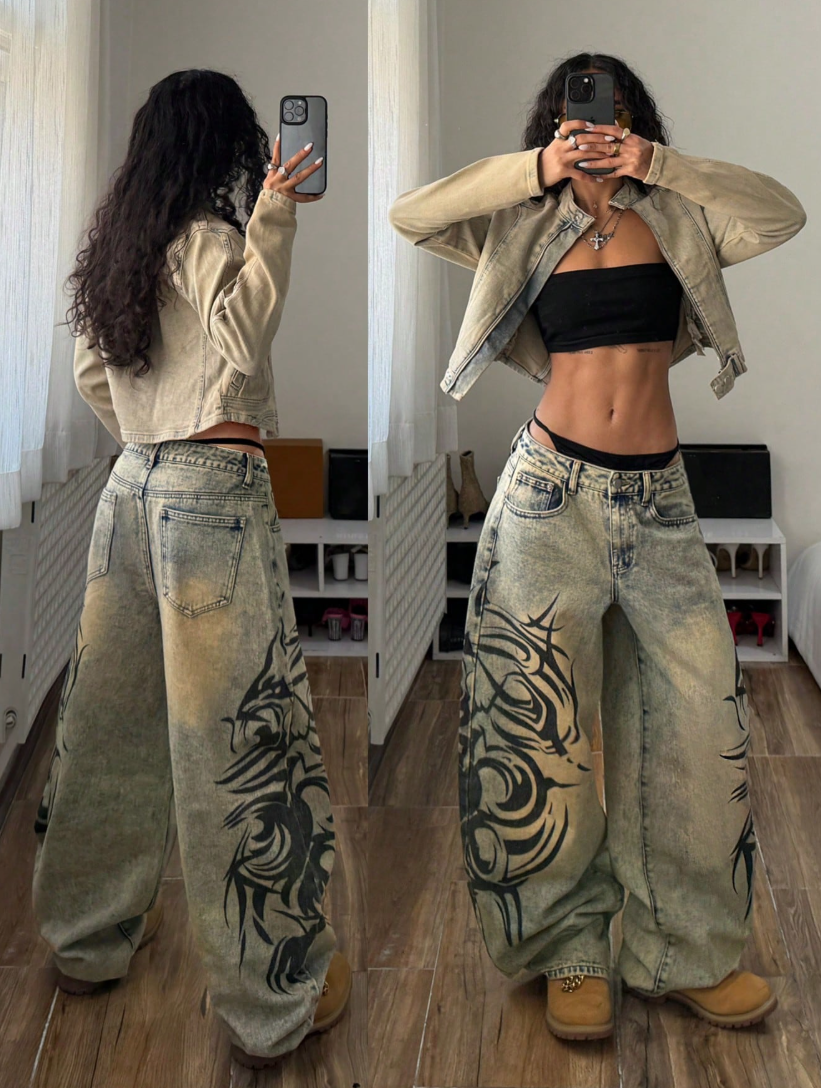 Street Style Retro Print Wide Leg Jeans